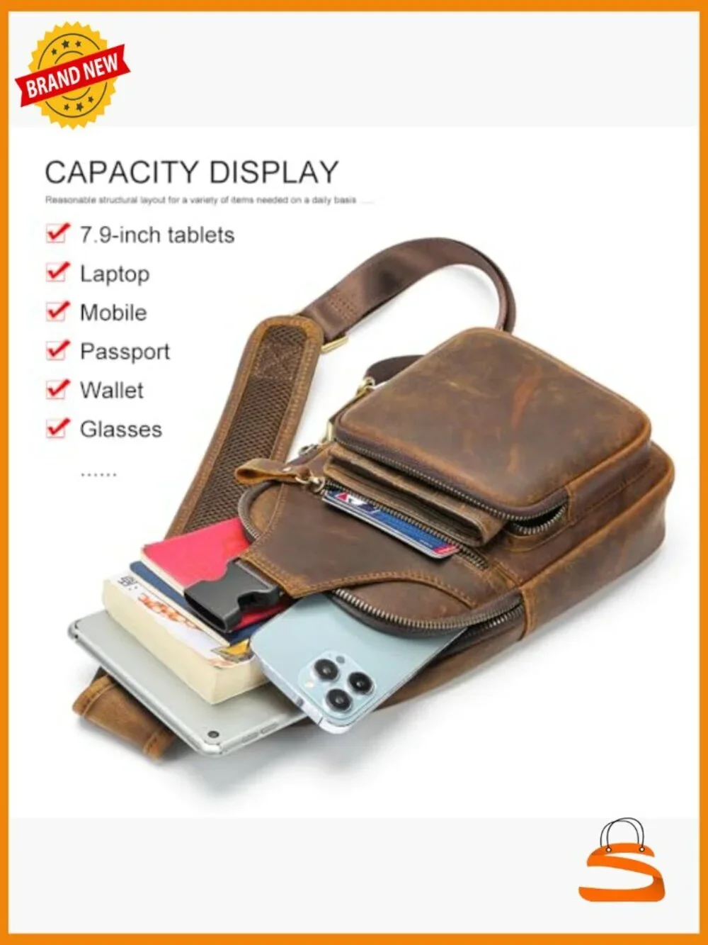 Vintage Genuine Leather Crossbody Sling Bag with Adjustable Strap